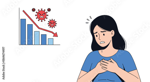 Concerned woman looking at a declining bar chart with angry red virus icons representing the negative impact of an epidemic on the economy.
