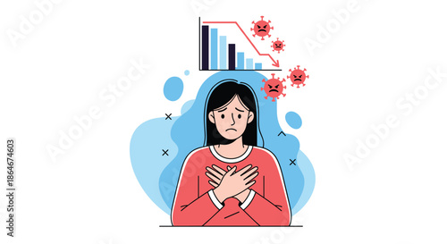 Sad woman in a red sweater with a declining bar chart and angry virus icons above her head illustrating economic hardship.