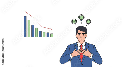 Concerned businessman in a blue suit looking at a declining bar chart with green virus icons representing market instability.