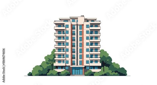 Modern multi-story apartment building with balconies surrounded by green trees isolated on a clean white background for design.