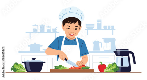 Happy young boy wearing a chef's hat and apron skillfully cutting vegetables on a board in a modern kitchen setting during a healthy cooking class.