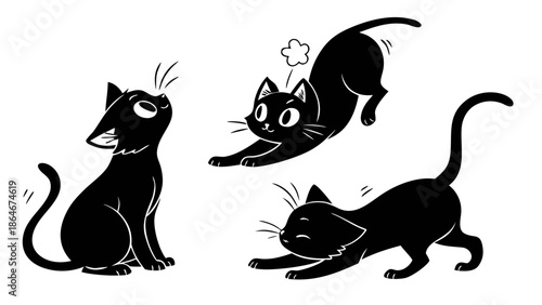 A vector graphic illustration of three black cats in different playful poses on a white background