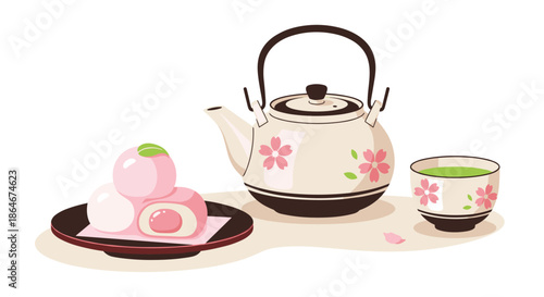Traditional japanese tea set featuring a sakura patterned teapot, cup of green tea, and sweet pink mochi on a dark plate for a spring treat.