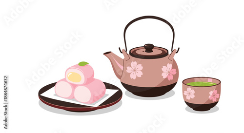 Elegant pink japanese teapot and teacup with cherry blossom patterns served with sweet filled mochi cakes for a traditional snack.