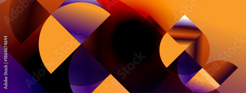 Abstract composition. Overlapping shapes create dynamic visual effect. Warm colors dominate, with purple accents. Modern design.