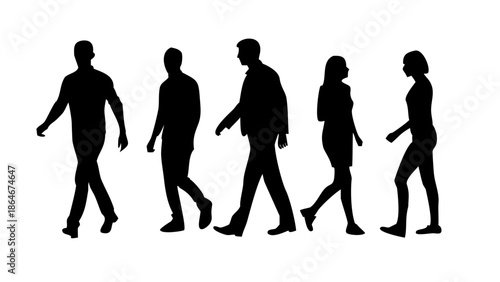 A vector graphic illustration of five silhouetted people walking in a line on a white background
