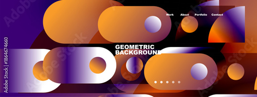 Abstract geometric design. Vibrant colors blend, creating dynamic visual experience. Includes navigation elements work, about, portfolio, contact.