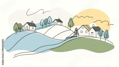 A minimalist vector illustration of a serene countryside landscape with houses and rolling hills