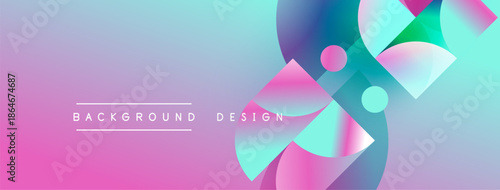 Abstract gradient background. Pink, purple, turquoise hues blend smoothly. Geometric shapes overlap creating dynamic visual effect. Modern design element.