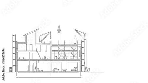 Building Construction Cross Section Line Illustration