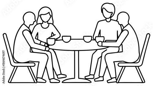A minimalist line art illustration of four people sitting at a round table with cups in hand
