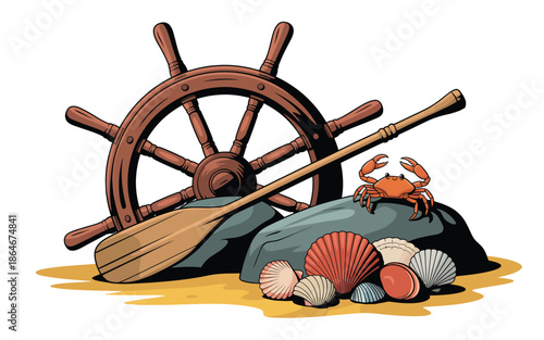 Nautical Still Life with Ship Wheel Oar Crab and Colorful Sea Shells on Rocks