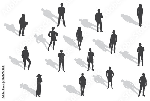 Diverse Group of People Silhouettes Standing with Long Shadows on White Background.