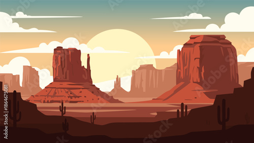 Vibrant vector illustration of a desert landscape at sunset, featuring iconic rock formations and a warm, inviting color palette