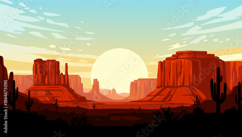 Vast desert landscape with mesas and saguaro cacti under a bright sun, vector illustration depicting a western scene at dawn
