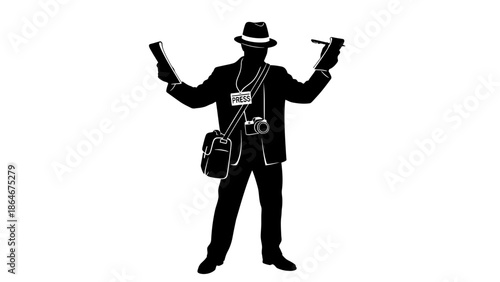 Silhouette of a journalist with press badge and equipment