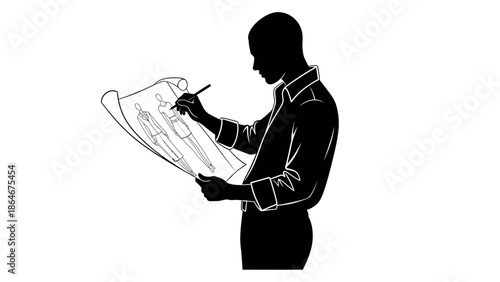 Fashion designer sketching on blueprint with focused intent