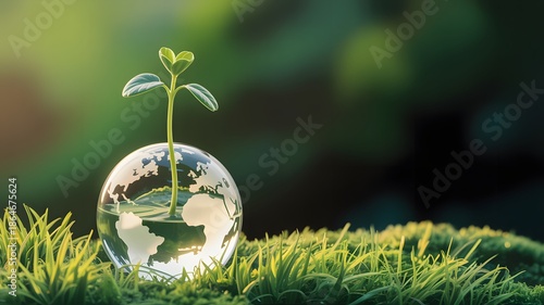 A small green plant growing inside a transparent globe on grass with a blurred background