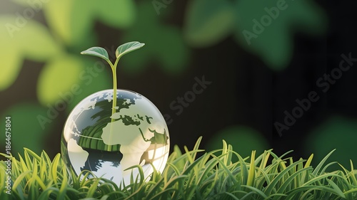 A small green sprout growing out of a globe on grass with a natural background