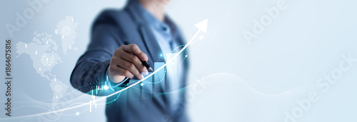 Bild auf Leinwand Business development to success and growing growth, Businessman pointing arrow graph corporate future growth plan, Asset investment chart business and finance, Global economic trend analysis