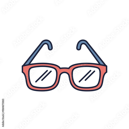 Cartoon Style Eyeglasses with Coral Frame and Blue Temples on White Background