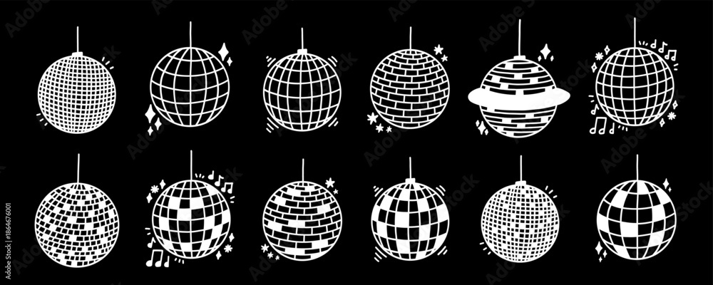 Obraz premium Disco Globe Ball Vector Icon Vector Glitter Set. Disco Mirror Ball Light for Party or Club Kit. Doodle Vector Illustration