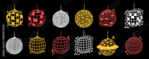 Colorful Disco Ball Glitter Vector With Mirror Globe Set. Disco Ball Light for Party or Club Kit. Doodle Vector Illustration