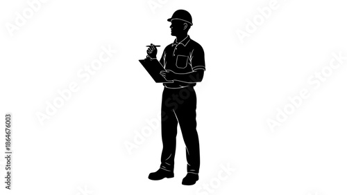 Silhouette of a construction worker holding a clipboard and pencil