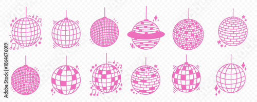 Pink Disco Ball Glitter Vector With Mirror Globe Set in Transparent Background. Disco Ball Light for Party or Club Kit. Doodle Vector Illustration
