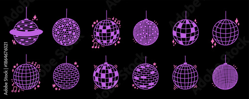 Purple Disco Ball Glitter Vector With Mirror Globe Set. Disco Ball Light for Party or Club Kit. Doodle Vector Illustration