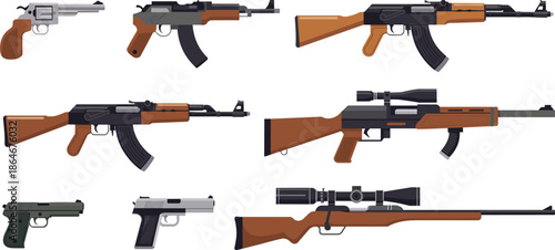 Collection of various modern and vintage firearms including assault rifles handguns pistols and sniper rifles with scopes on white background