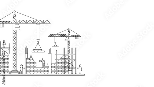 Construction Site with Cranes and Workers Line Illustration