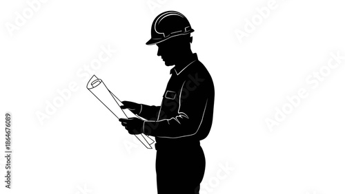 Construction worker reviewing blueprints with focused expression