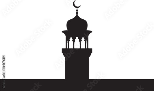 Black silhouette of a mosque minaret with a crescent moon and four balconies