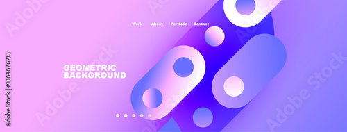 Abstract geometric background. Purple, blue gradients create modern design. Navigation menu present, dots indicate sections.
