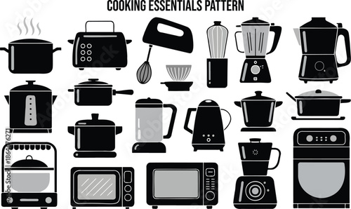 Everyday Kitchen Essentials Collection Featuring Modern Appliances and Cookware Graphics
