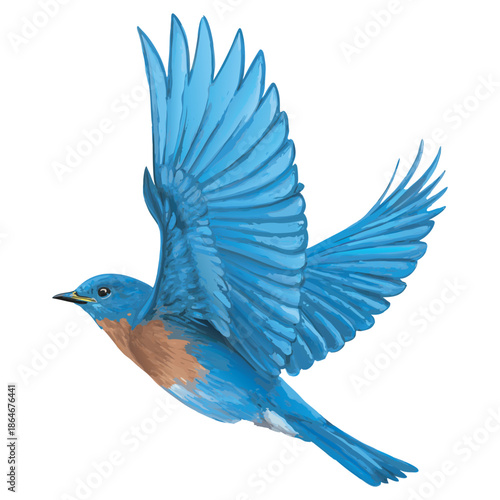 Vibrant blue bird in flight with outstretched wings illustration
