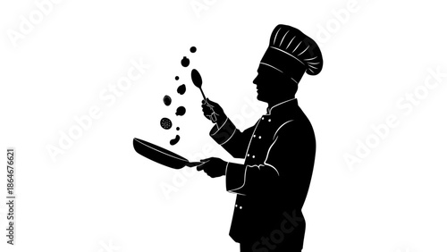 Silhouette of chef tossing food in pan with skill and precision in kitchen