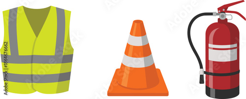 Industrial safety equipment set with high visibility reflective vest traffic cone and fire extinguisher icons for workplace hazard prevention and security