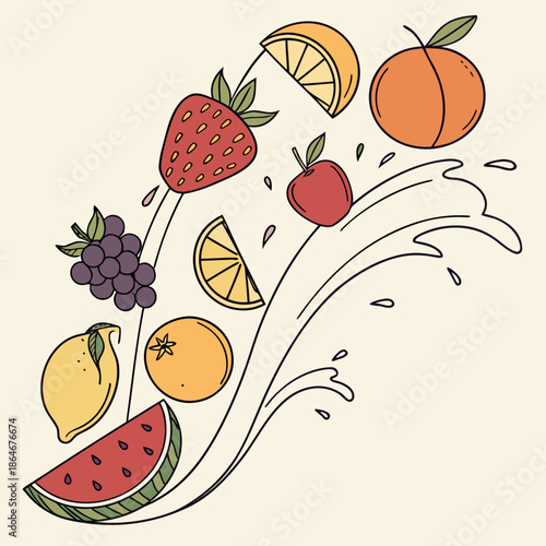 Assorted fruits splashing in a vibrant illustration of citrus and berries
