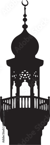 Black silhouette of a mosque minaret with a dome and finial