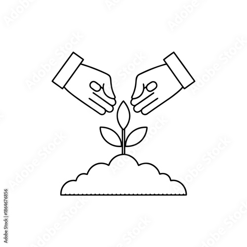 Hands nurturing a plant growing from the ground on transparent background seedling growth nurture care illustration line art black and white simple icon symbol ecology