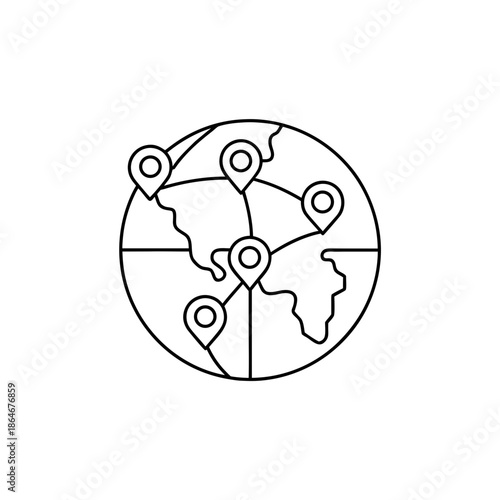 Global connections map with location markers on transparent background world globe network marker pin icon symbol illustration line art design graphic earth geography transportation travel