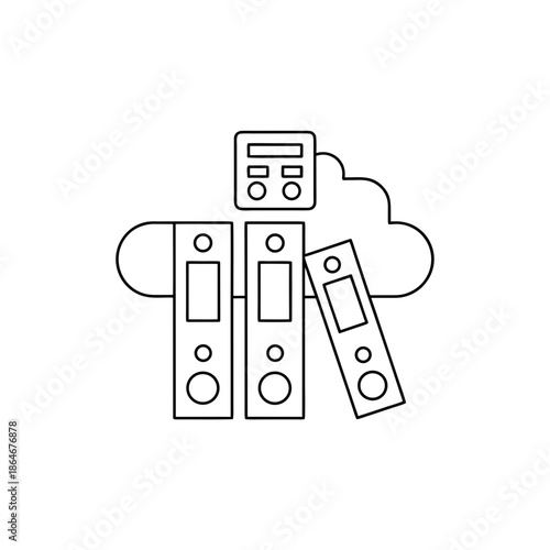 Servers with cloud storage on transparent background server technology computing data network database hosting web internet connection line art icon illustration black and white outline