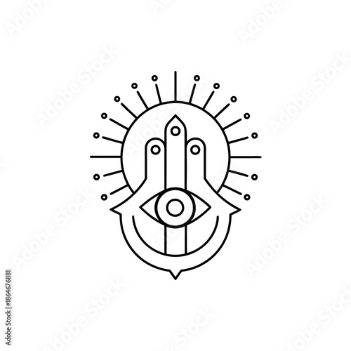 Line drawing of a stylized all-seeing eye with a hand on transparent background allseeing art black and white monochrome illustration symbol icon logo design graphic