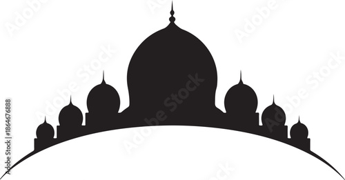 Black silhouette of domed mosque with multiple minarets