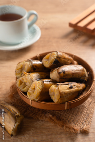 Pisang Kukus or Steamed Banana, Indonesian traditional food. Perfect for recipes, articles or any cooking content.