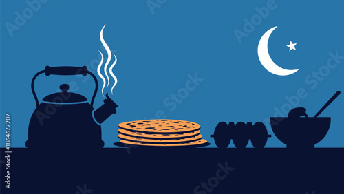 Traditional iftar meal setup with pancakes dates and tea on a serene night during Ramadan celebration outdoors