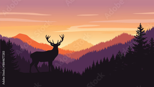 Majestic Stag Silhouette at Sunset A Serene Mountain Landscape Vector Illustration