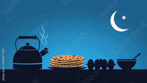 Ramadan celebration with traditional food and steaming kettle under crescent moon and star symbolizing Islamic holiday